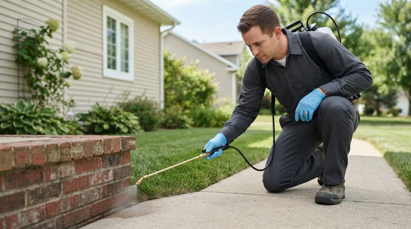 Pest control technician treating a home near Conroy, IA