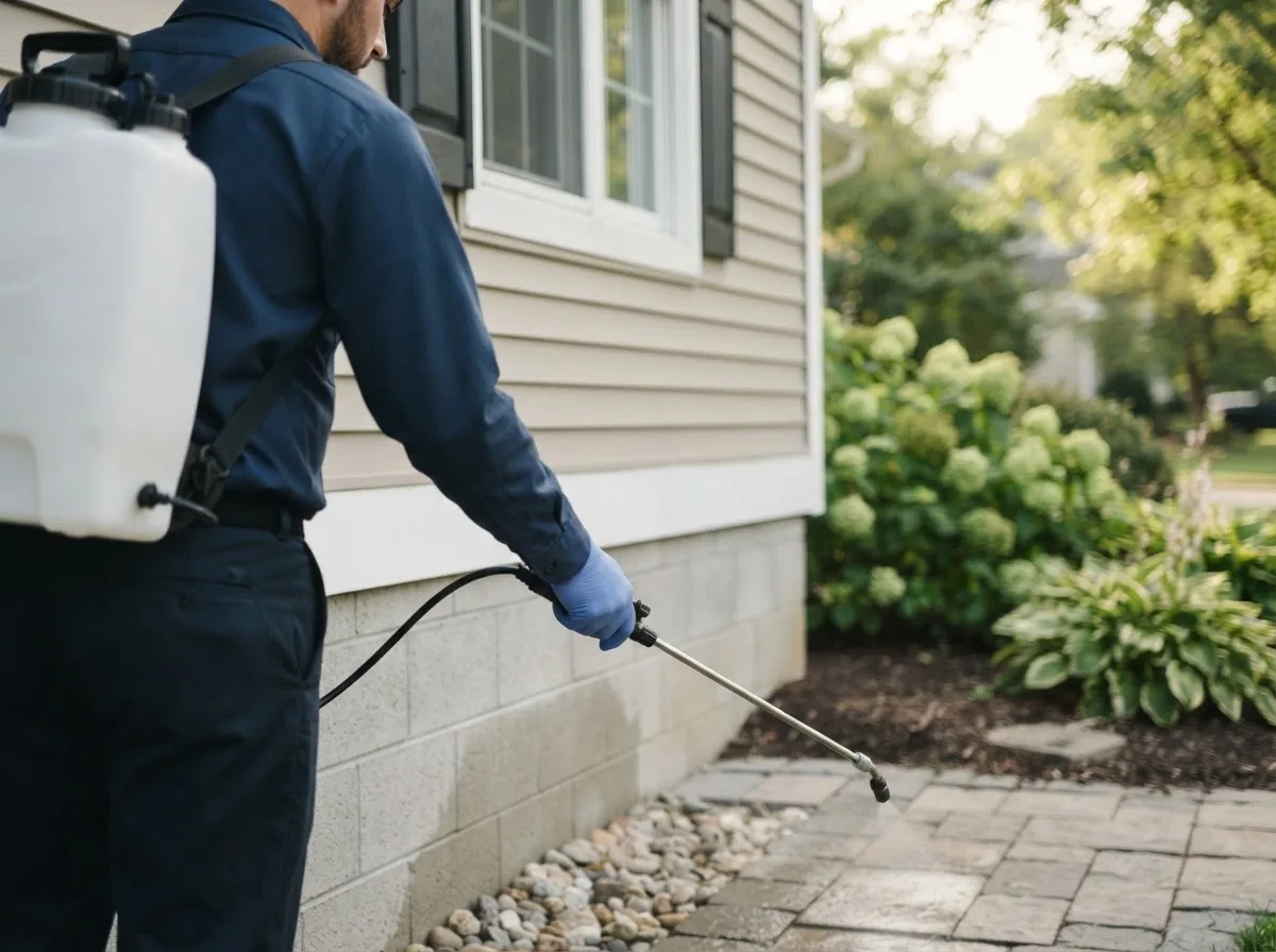 Pest control technician inspecting a home in Conroy, IA